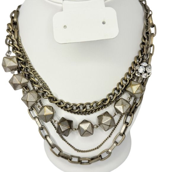Vera Wang Layered Rhinestone Gunmetal Statement Necklace 22” Multi Chain - Picture 1 of 12
